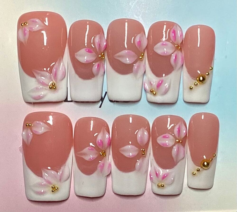 Pink 3D Flower French Tip Handmade Square Shape Press-On Nails Large